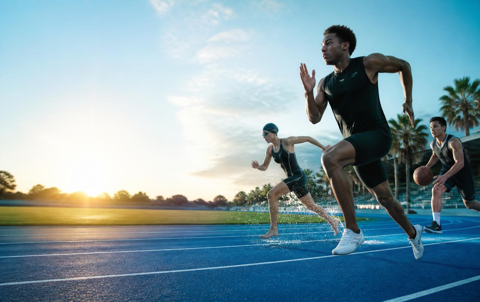 Athletes sprinting on a running track at sunrise